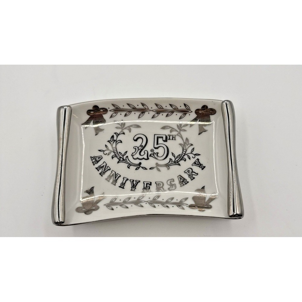 Lefton‎ China Hand Painted 25th Anniversary 4x6 Rectangular silver color/white